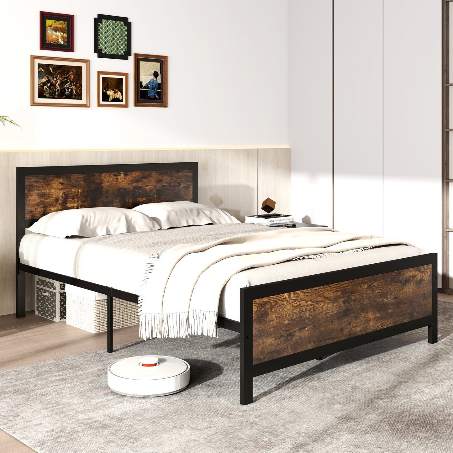 Metal Bed Frame with Headboard and Footboard-Queen Size