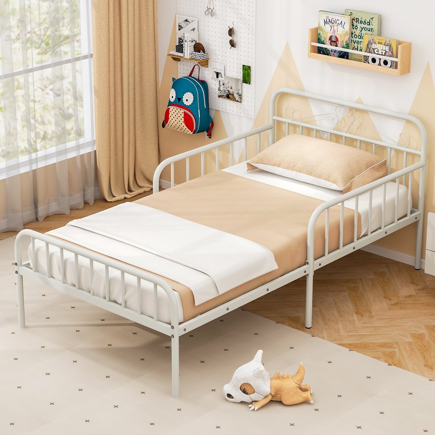 Twin Size Bed Frame with Headboard and Safety Side Guardrails-Black