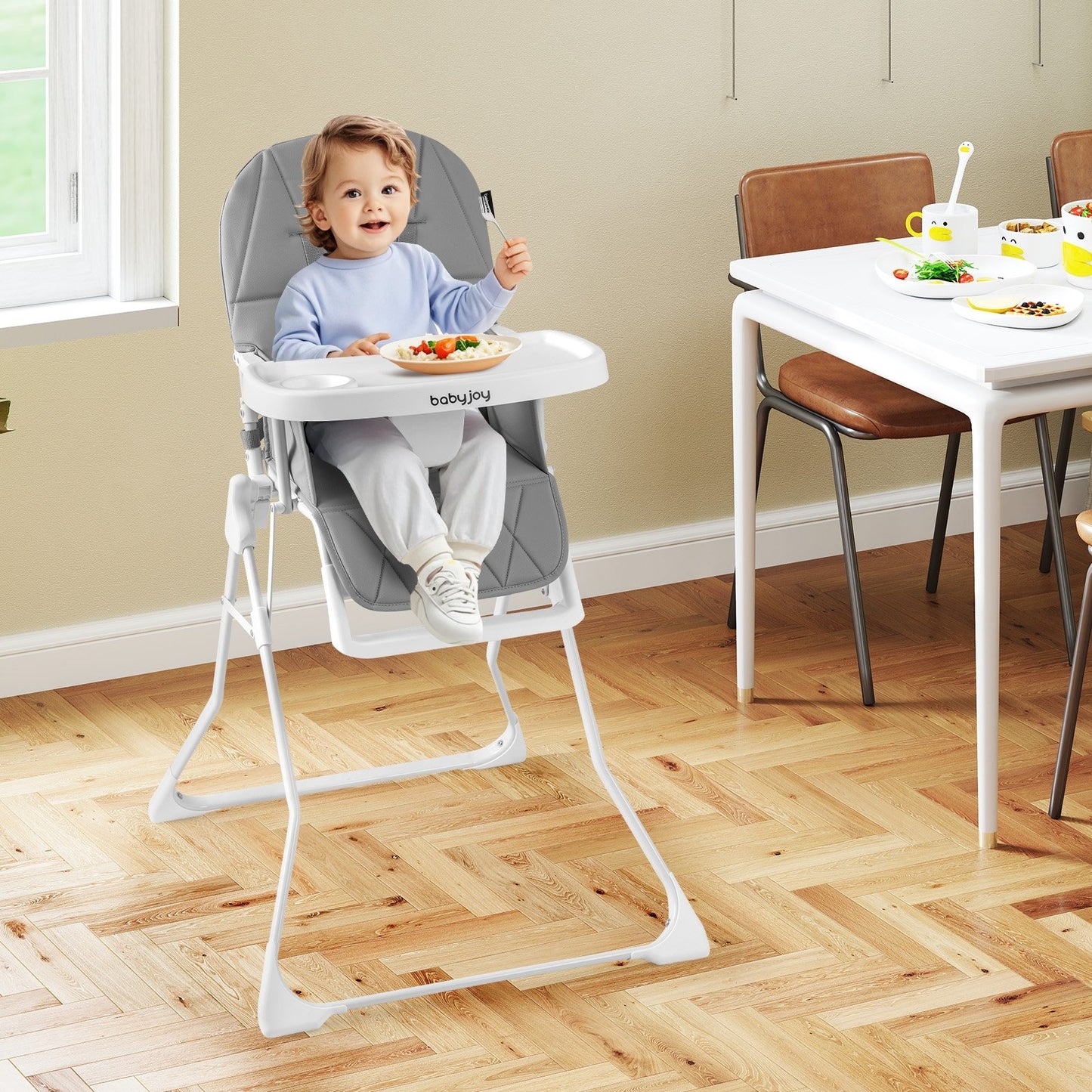 Easy Clean Compact Highchair with Removable Adjustable Tray and PU Seat Cushion-Gray