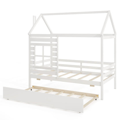 Twin Size Wooden Platform House Bed with Trundle and Roof-Grey