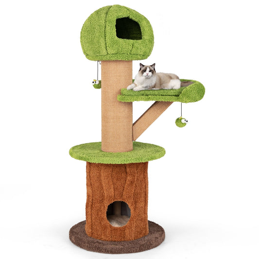 Green mushroom-shaped cat tree with plush condos, perch, and teasing balls for indoor cats, by Direct by Wilsons Home Store.