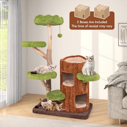 Multi-level Cat Tree with Double Decker Cat House and Sisal Panel-Brown