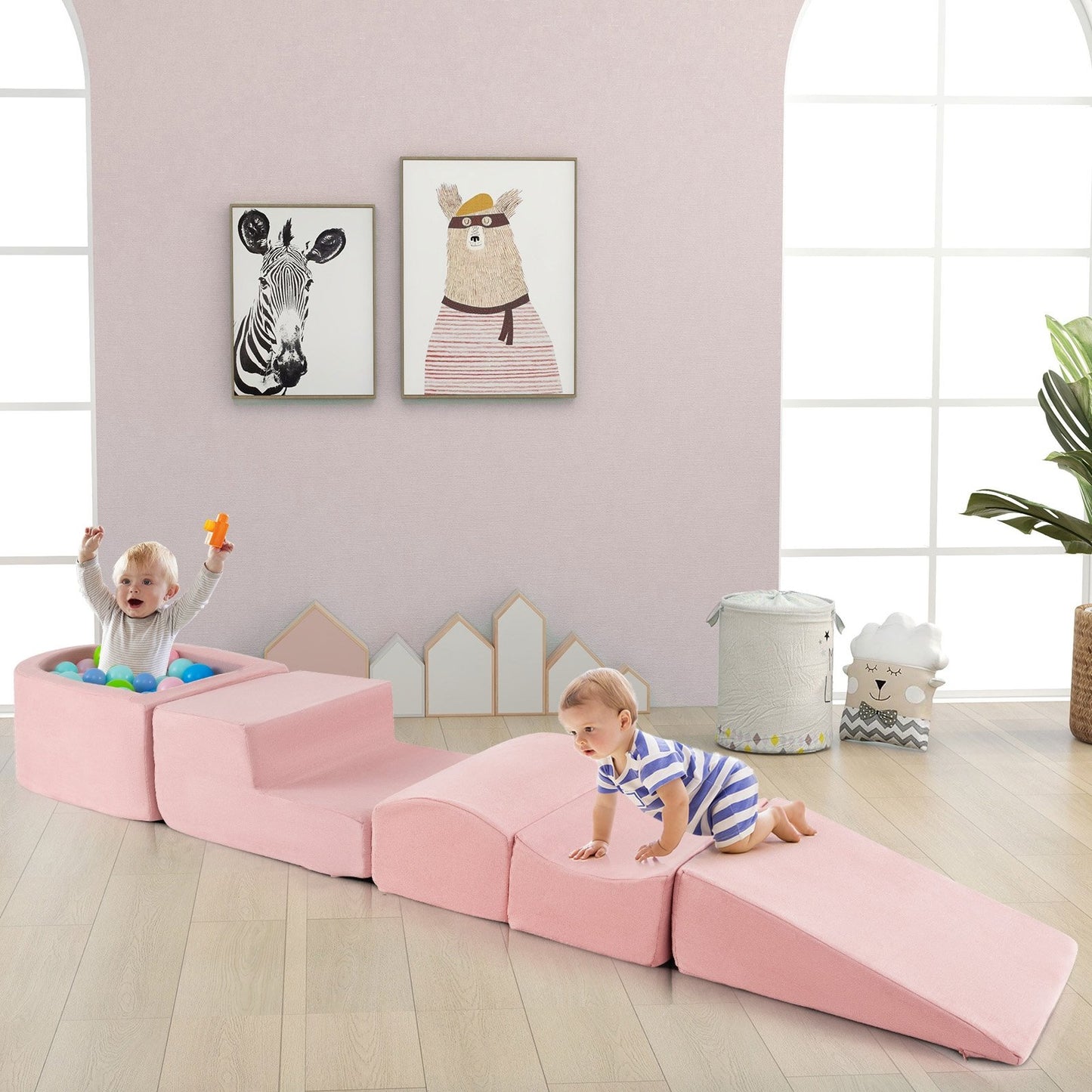 5-Piece Climb and Crawl Playset with Ball Pit for Kids-Gray