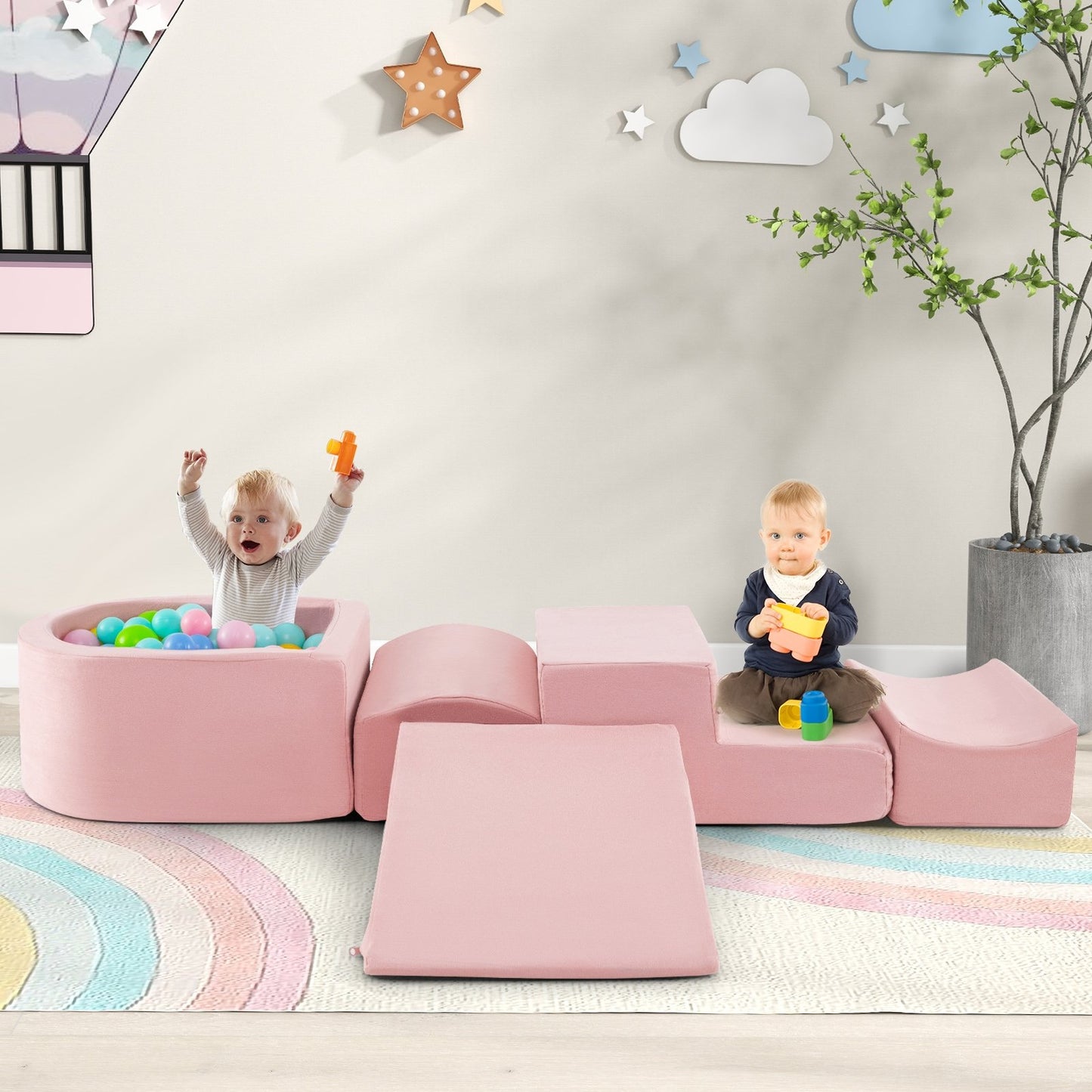 5-Piece Climb and Crawl Playset with Ball Pit for Kids-Gray