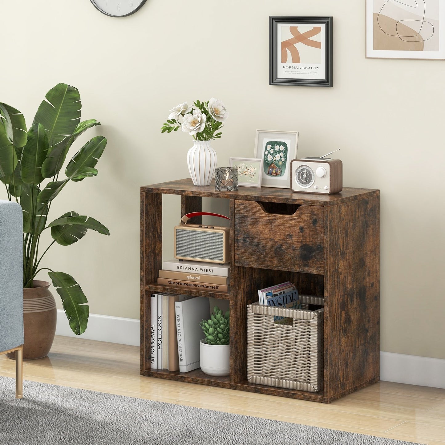 3-Cube Bookcase 2-tier Wooden Storage Shelf with Pull-out Drawer-Black