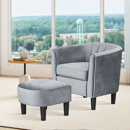 Upholstered Teddy Velvet Club Barrel Chair with Ottoman with Footrest-Beige