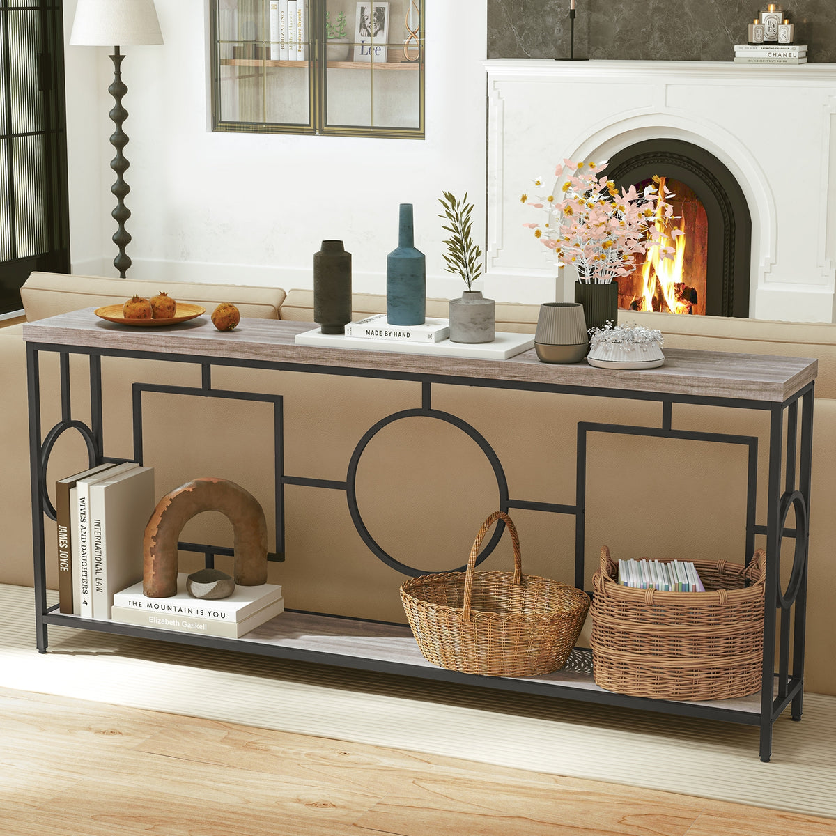 Rustic brown 2-tier faux marble top console table with storage shelf, ideal for hallway entryway, by Wilsons Home Store.