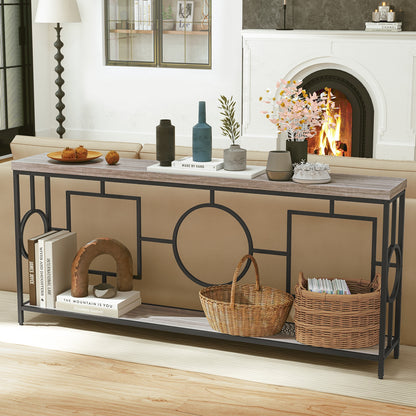 Rustic brown 2-tier faux marble top console table with storage shelf, ideal for hallway entryway, by Wilsons Home Store.