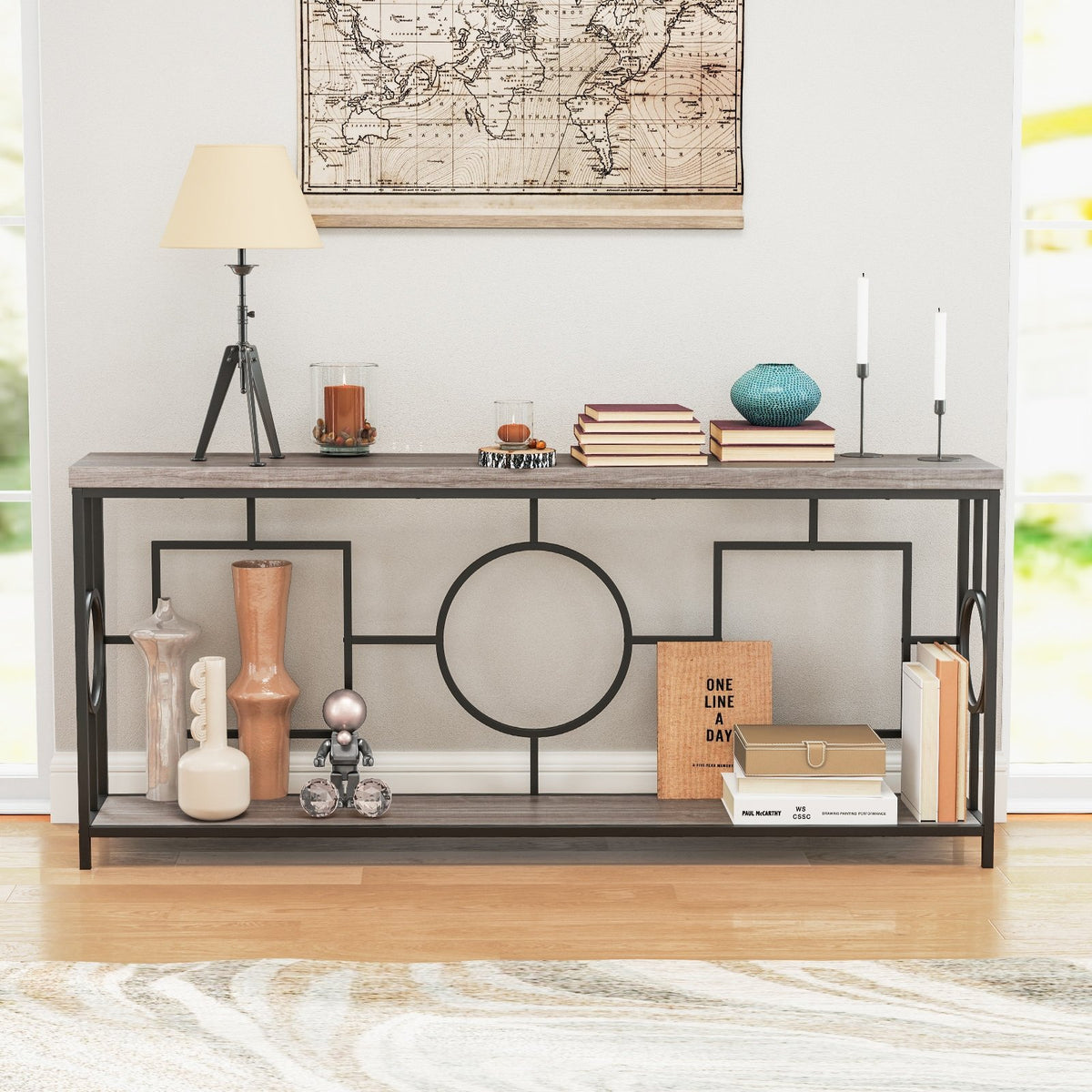 Rustic brown 2-tier faux marble top console table with storage shelf, ideal for entryways, by Wilsons Home Store.
