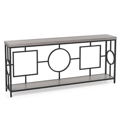 Rustic brown 2-tier faux marble console table with storage shelf, ideal for entryway or hallway decor.