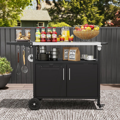 Outdoor Grill Cart with Storage and Folding Stainless Steel Top-Black
