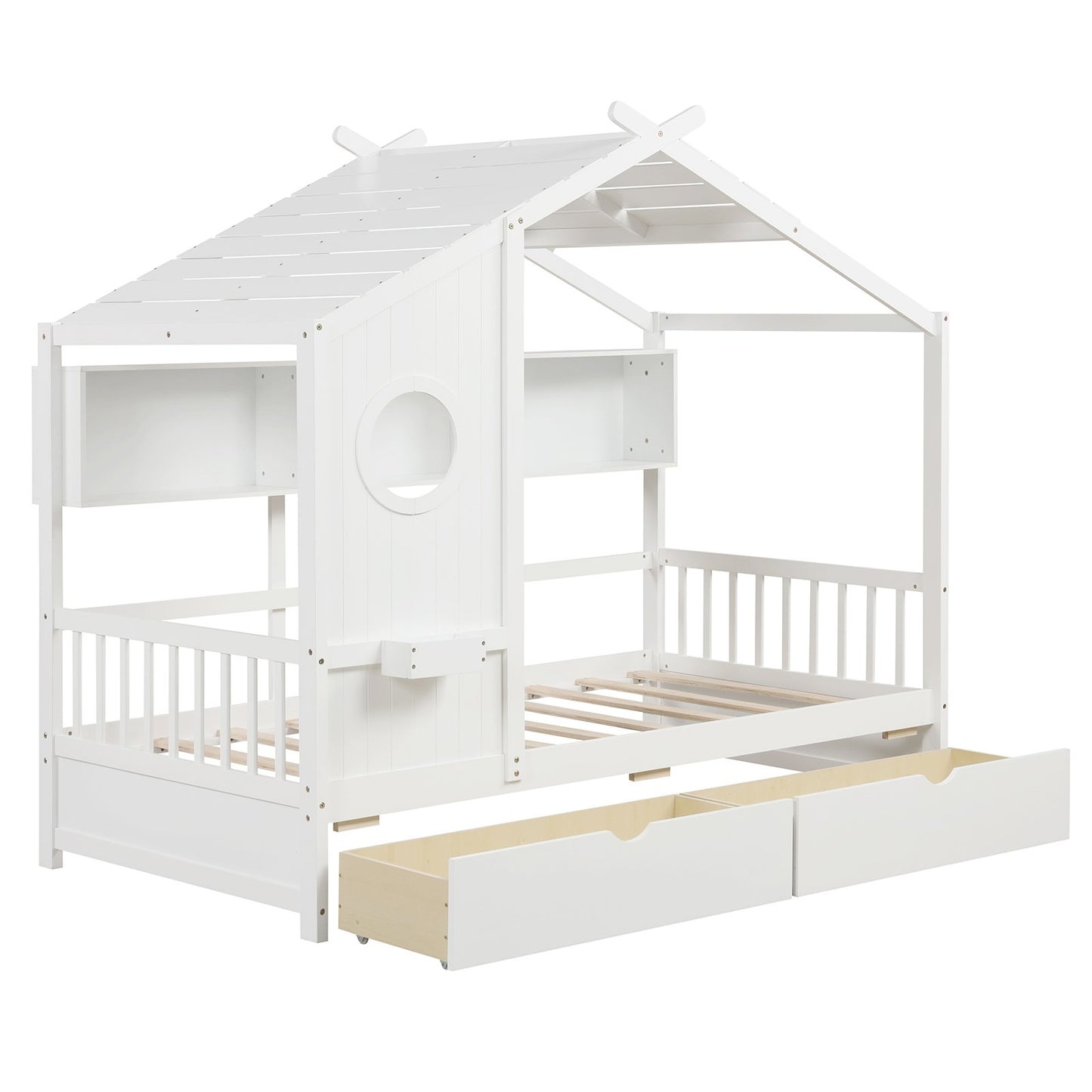 Twin Size House Bed with 2 Storage Drawers and Fence Guardrails-Gray