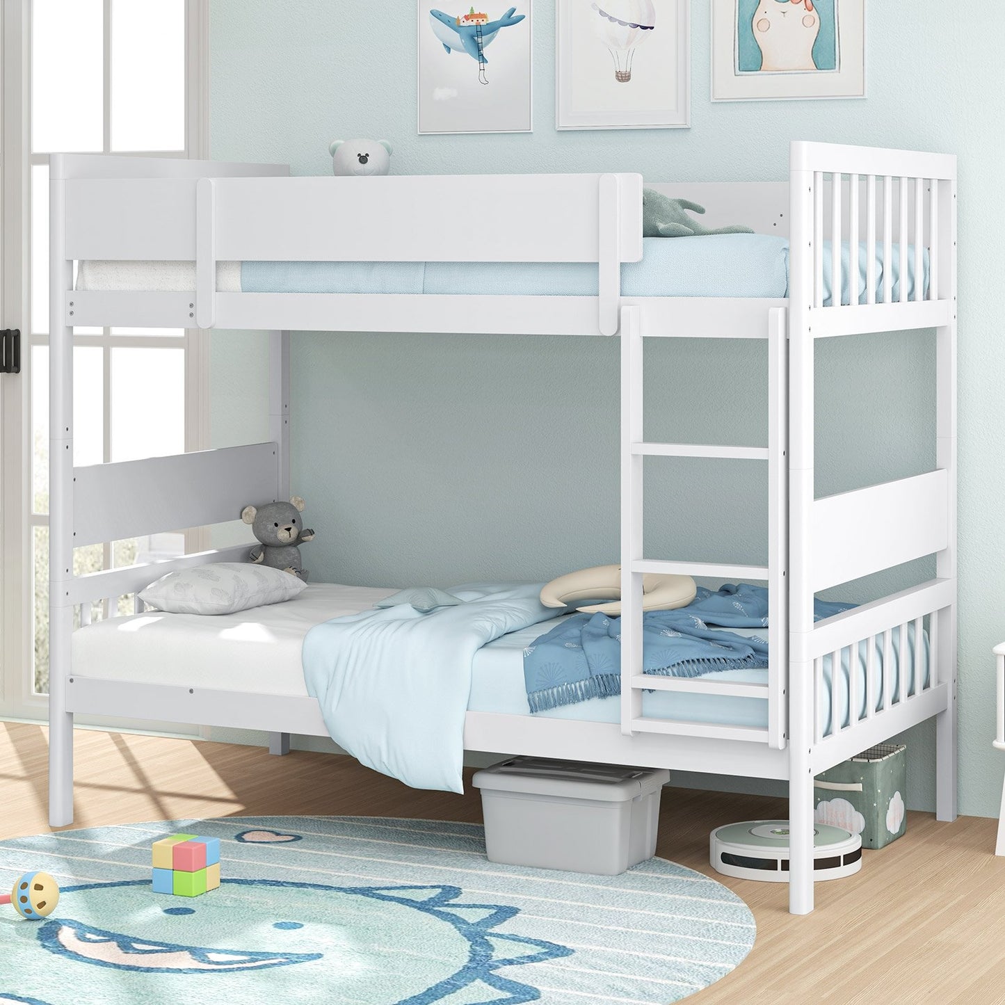 Twin Over Twin Bunk Bed with Ladder and Full-length Guardrails-Natural
