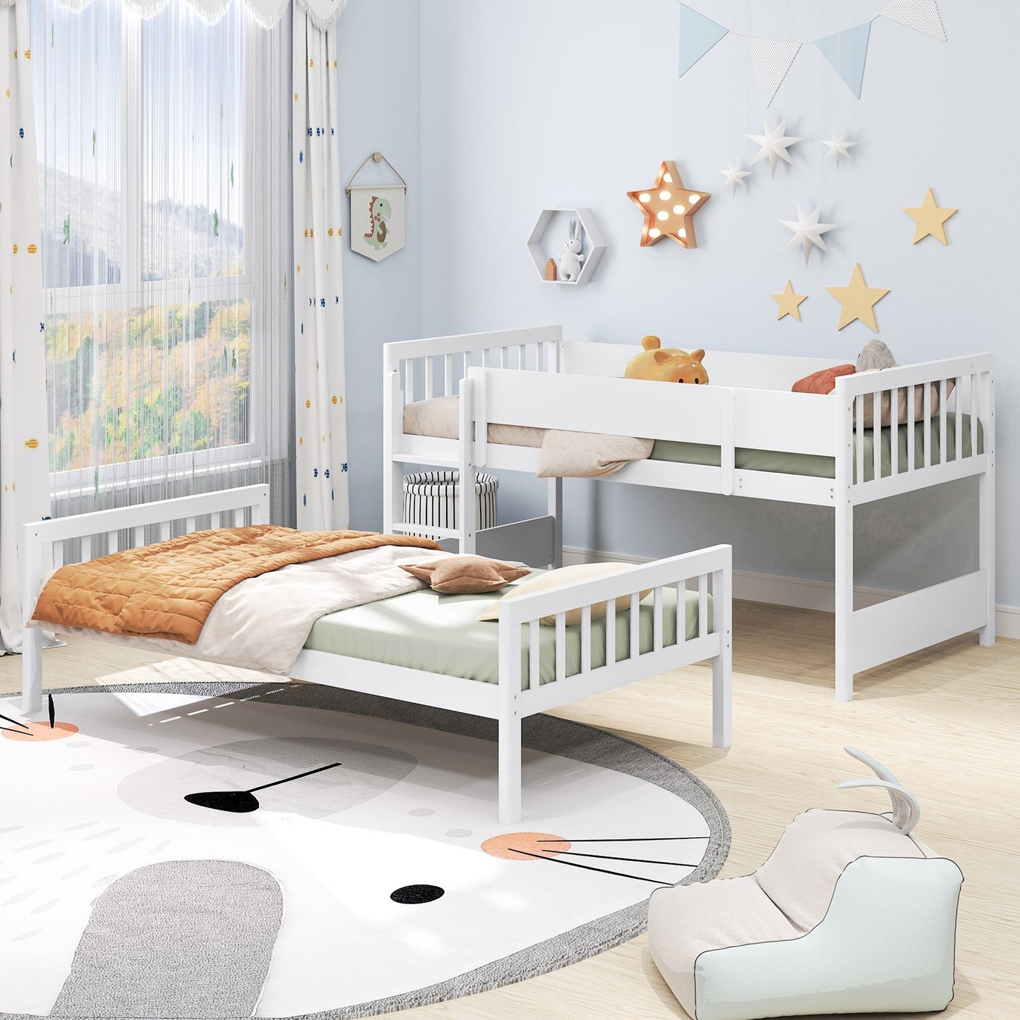Twin Over Twin Bunk Bed with Ladder and Full-length Guardrails-Natural