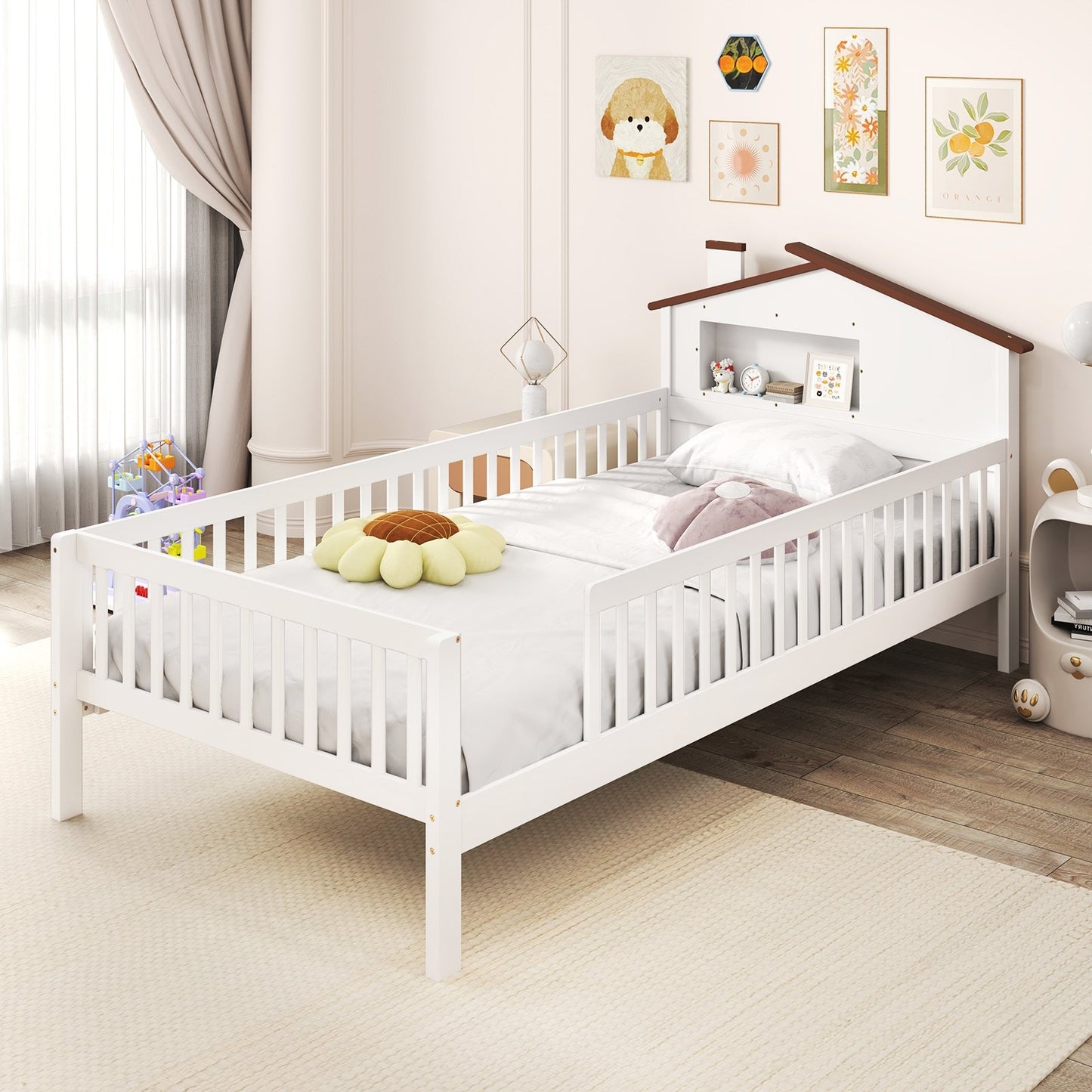 Twin Size Kids Montessori Bed with House-Shaped Headboard and Built-in Storage Shelf-Natural