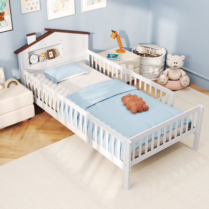 Twin Size Kids Montessori Bed with House-Shaped Headboard and Built-in Storage Shelf-Natural