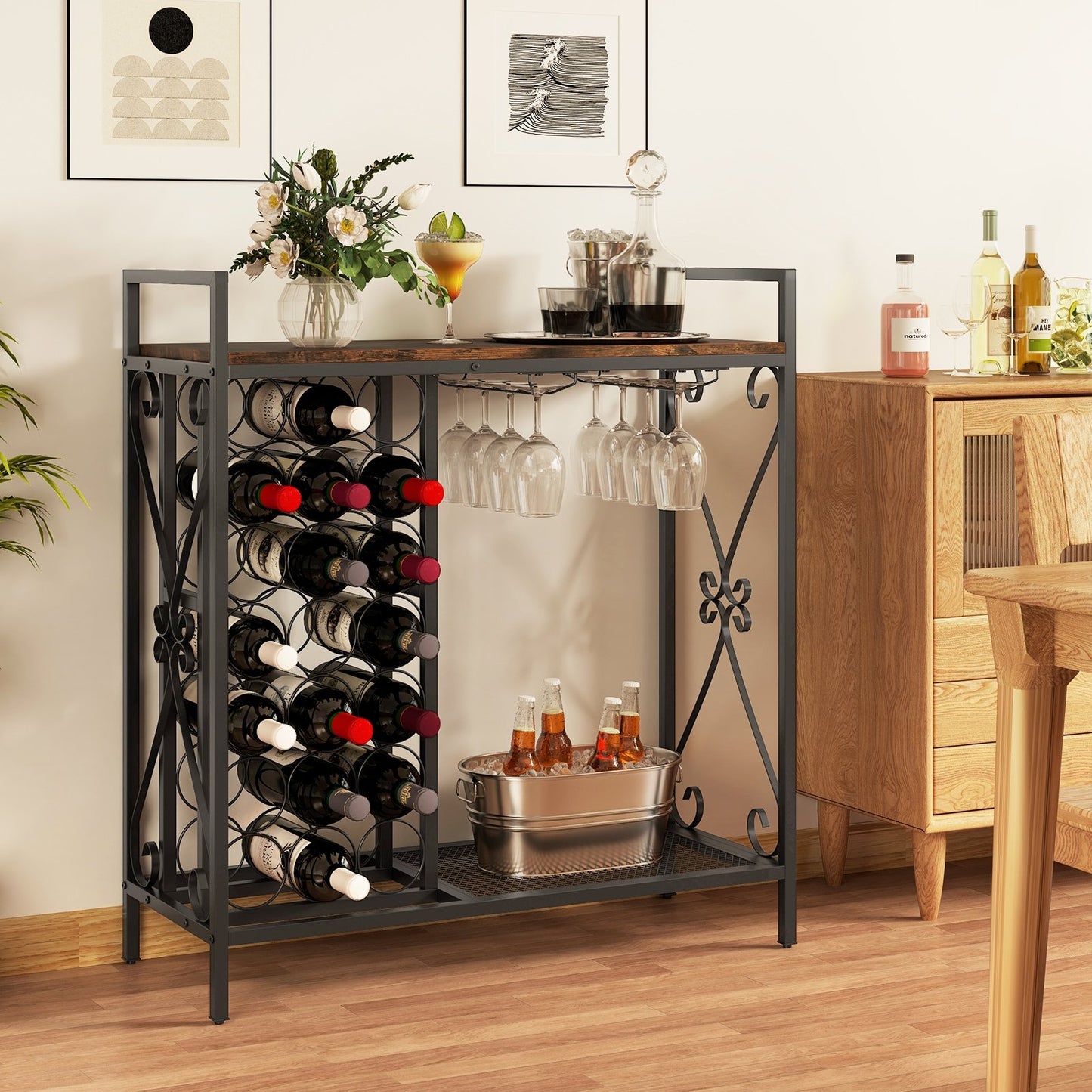 21 Bottle Wine Rack Freestanding Floor Wine Bottle Organizer with Glass Holder-Golden