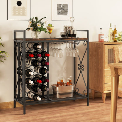 21 Bottle Wine Rack Freestanding Floor Wine Bottle Organizer with Glass Holder-Golden