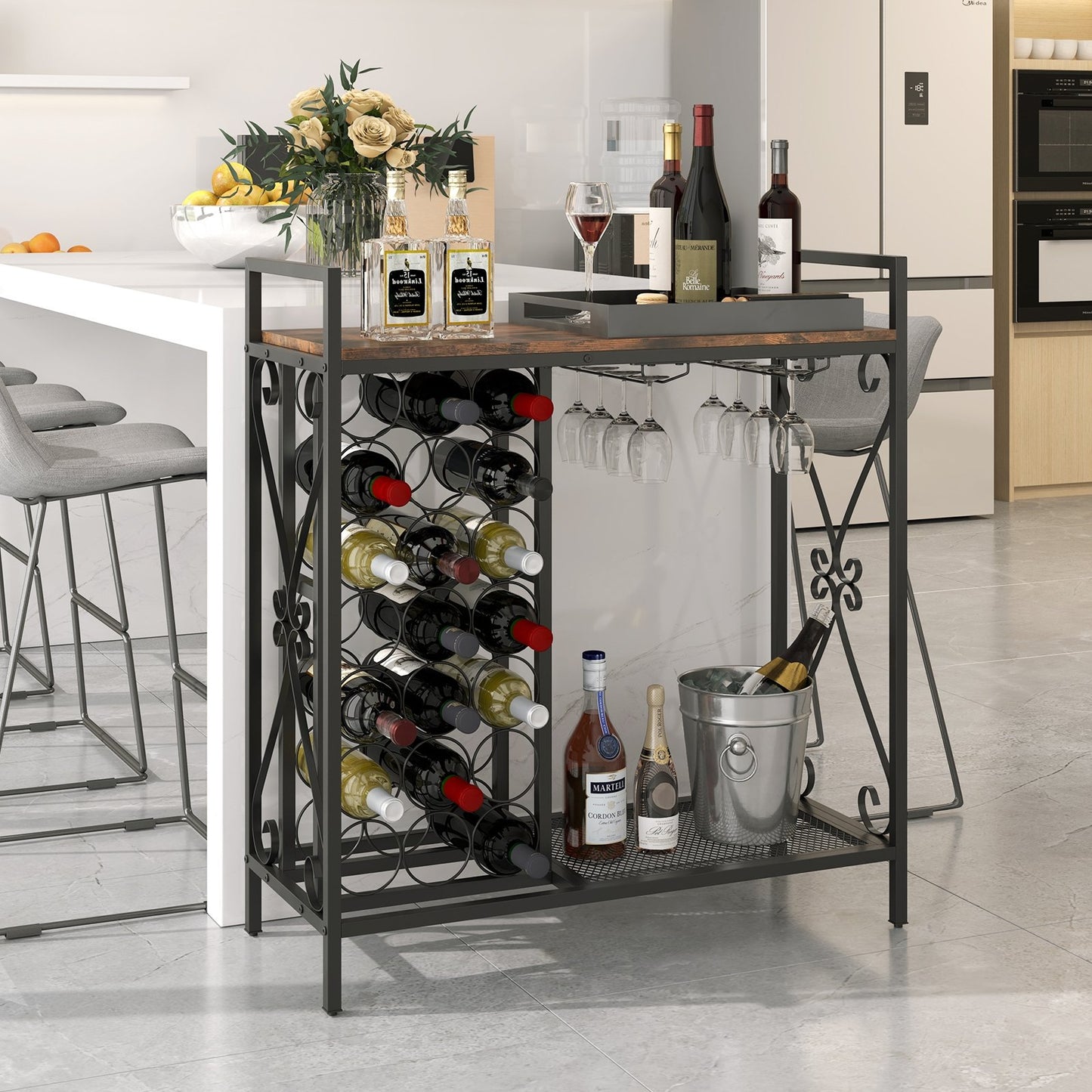 21 Bottle Wine Rack Freestanding Floor Wine Bottle Organizer with Glass Holder-Golden