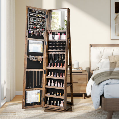 360° Swivel Jewelry Armoire Standing Jewelry Organizer with Full Length Mirror and Back Shelves-Rustic Brown