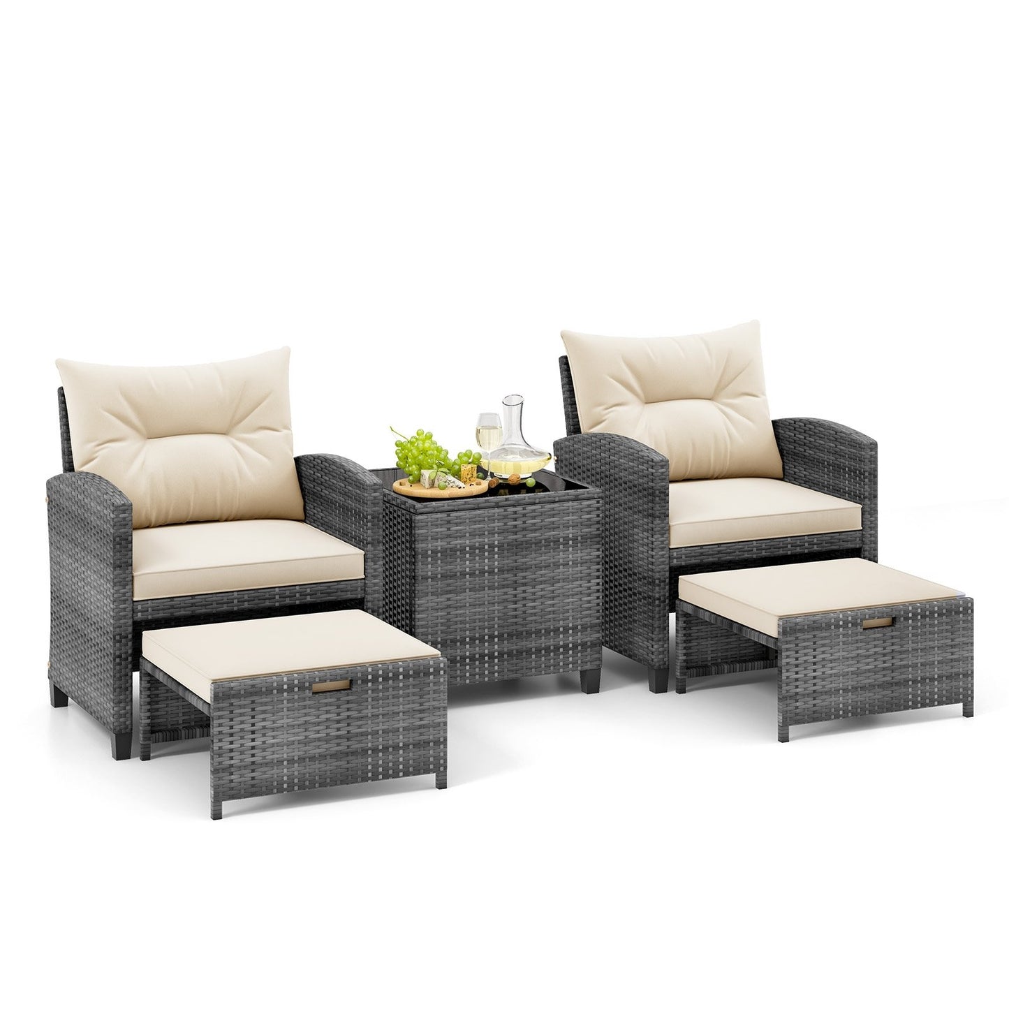 5 Piece Patio Rattan Furniture with 2 Ottomans and Tempered Glass Coffee Table-Beige