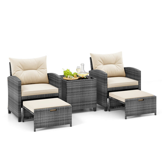5 Piece Patio Rattan Furniture with 2 Ottomans and Tempered Glass Coffee Table-Beige