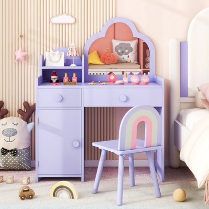 Kids Vanity Table and Chair Set with Cloud-shaped Mirror and Open Shelf-Pink