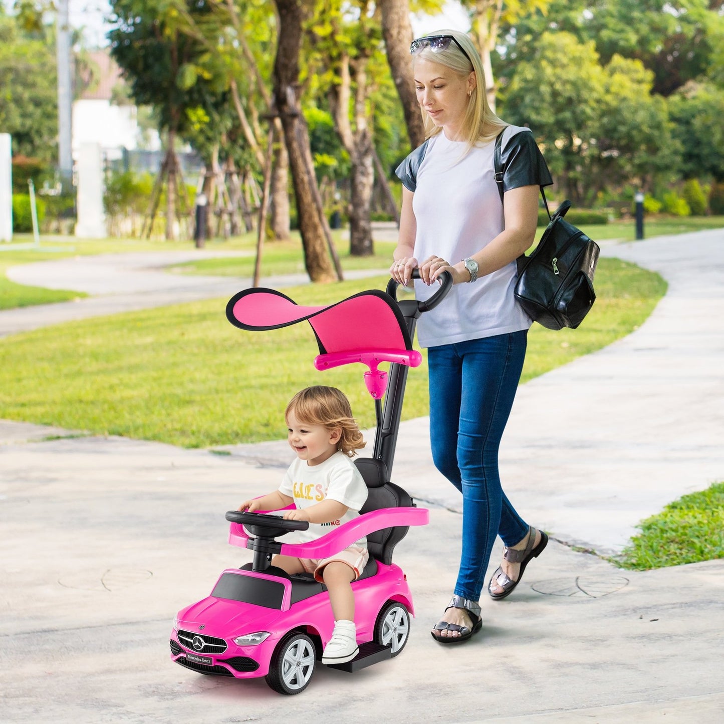 3-in-1 Ride on Push Car Mercedes-Benz Licensed Sliding Car with Canopy-Black