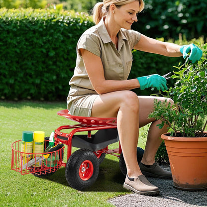 Heavy Duty Garden Cart with Tool Tray and 360 Swivel Seat-Blue