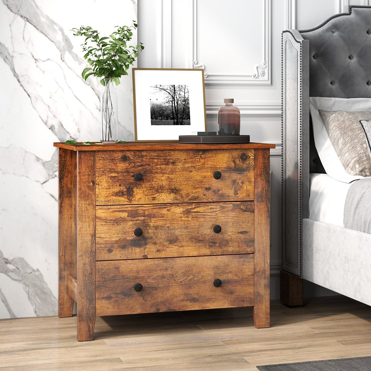 3 Drawer Dresser Chest of Drawers Bedside Table-Black