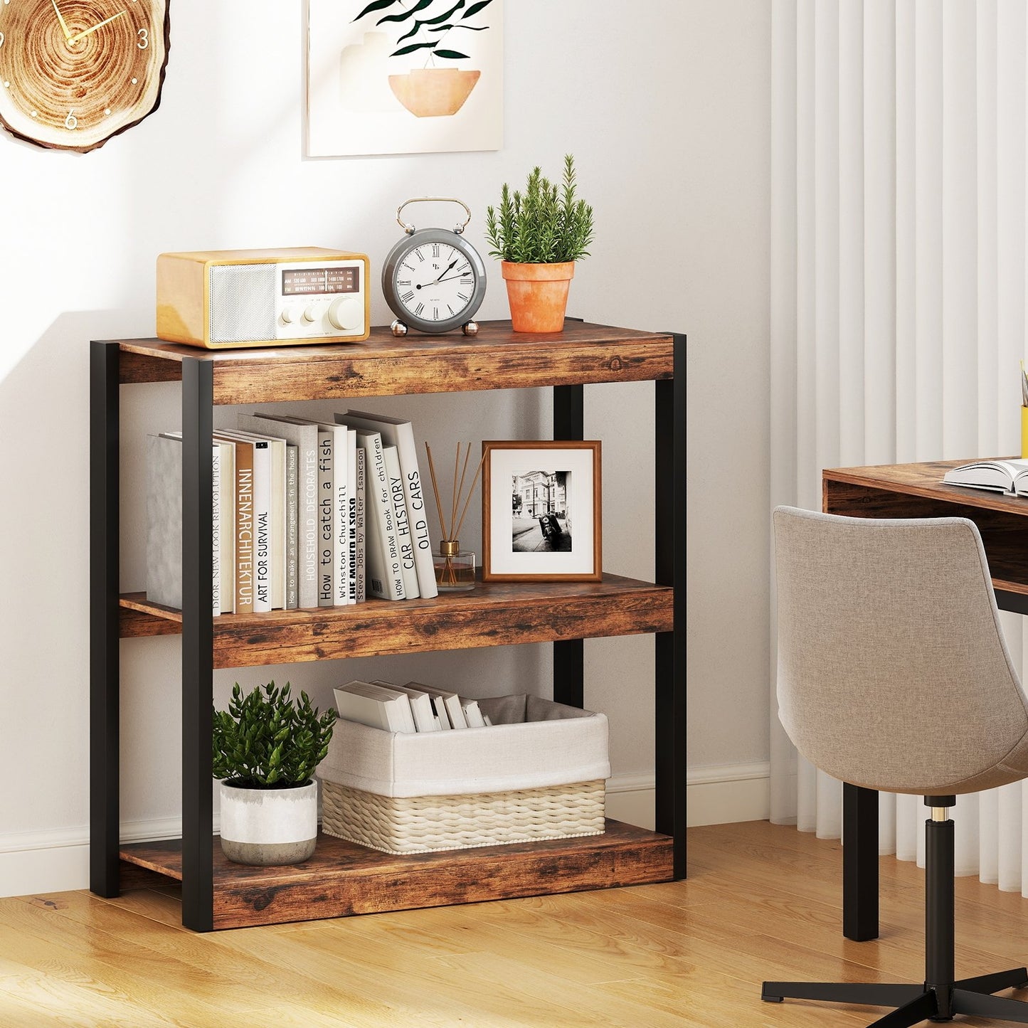 3 Tier Bookshelf Wooden Bookcase with Dual Anti-Tipping Kits-Natural