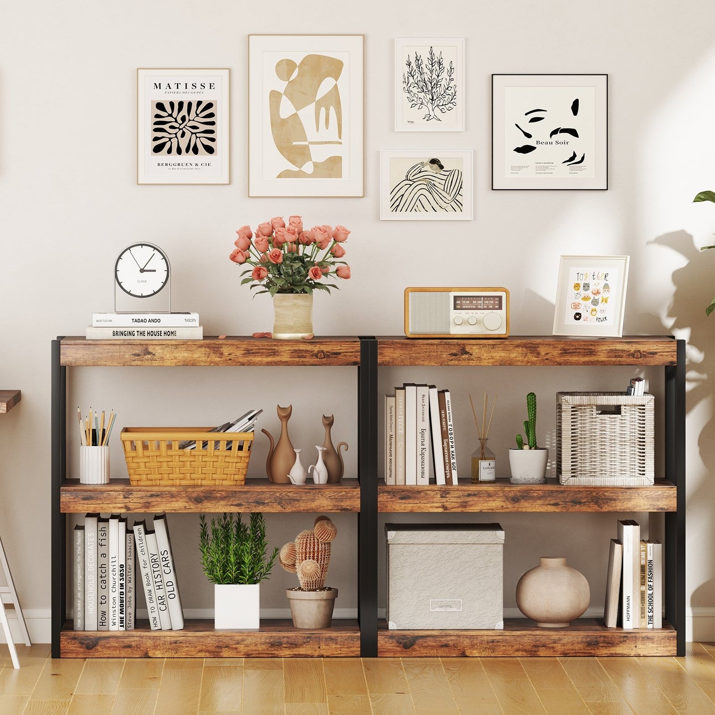 3 Tier Bookshelf Wooden Bookcase with Dual Anti-Tipping Kits-Natural