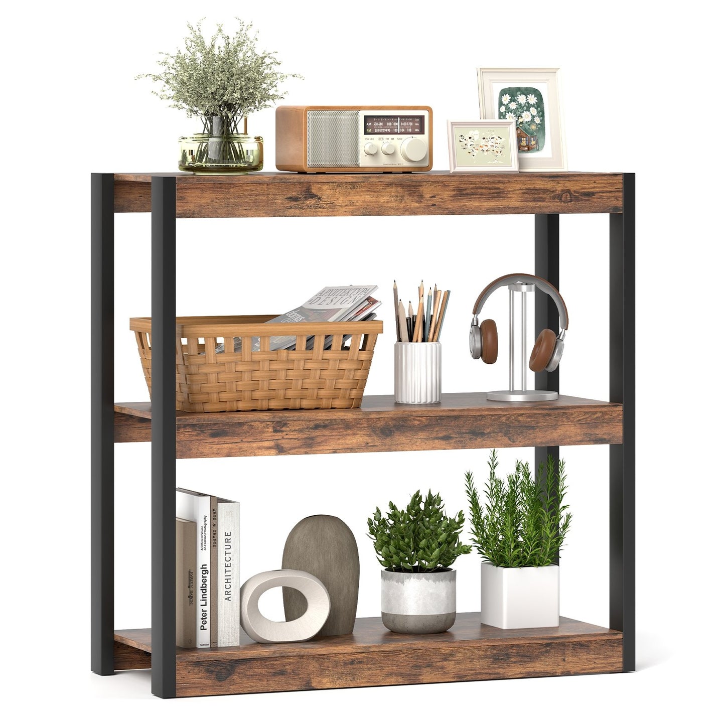 3 Tier Bookshelf Wooden Bookcase with Dual Anti-Tipping Kits-Natural