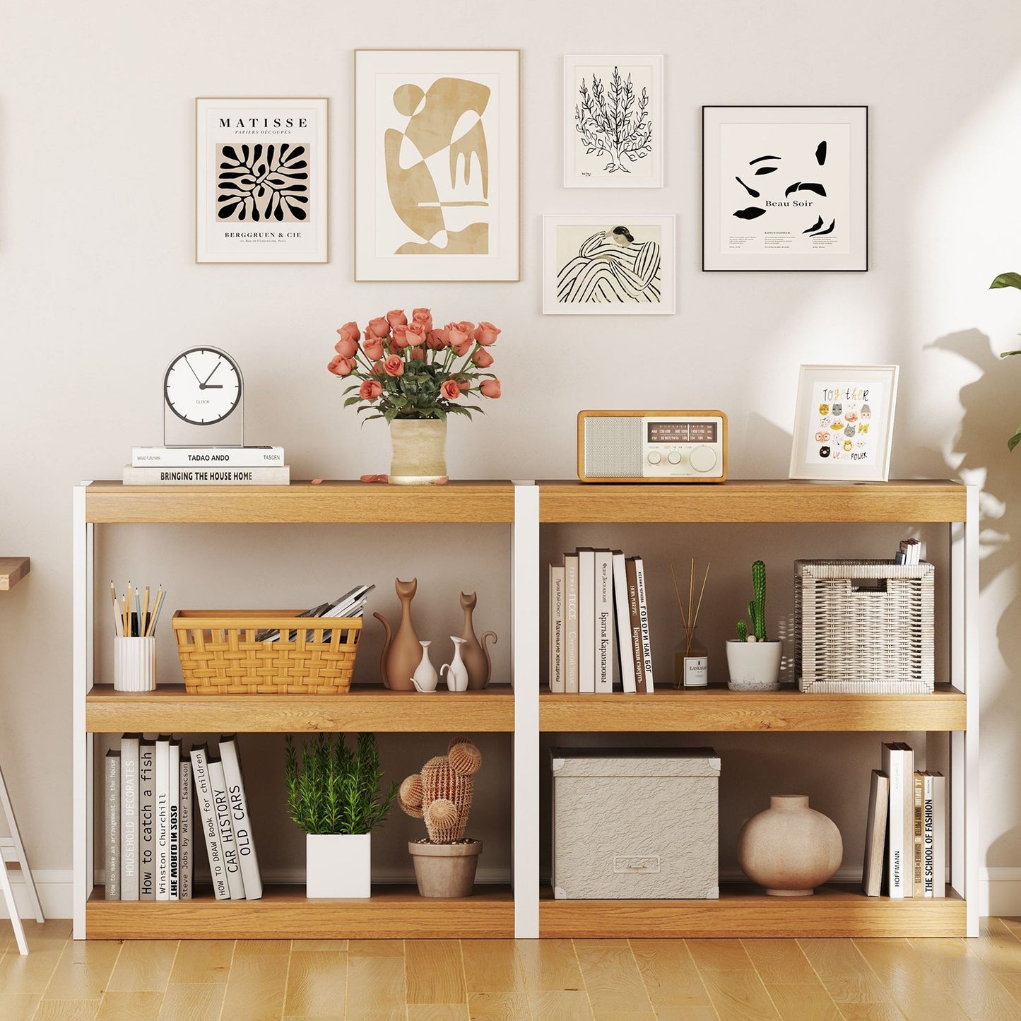 3 Tier Bookshelf Wooden Bookcase with Dual Anti-Tipping Kits-Natural
