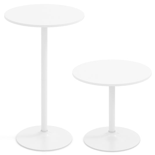Pair of 40-inch round bistro bar height tables with wooden tops and black metal bases, ideal for kitchen or dining spaces.