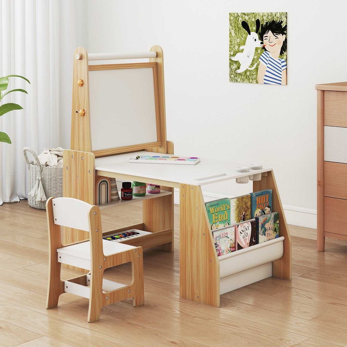 Kids Art Table and Chair Set with Easel and Chair for Drawing Reading-Grey