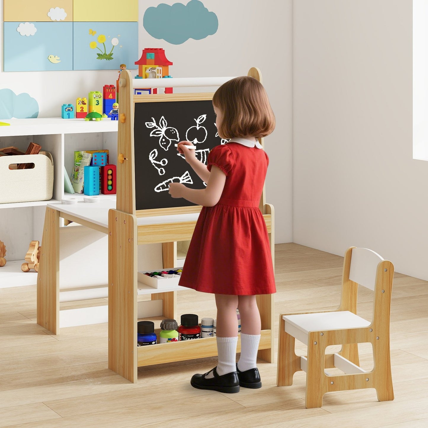 Kids Art Table and Chair Set with Easel and Chair for Drawing Reading-Grey