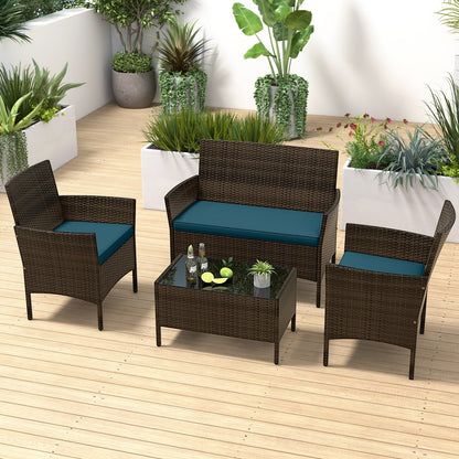 4 Piece Patio Rattan Conversation Set with Cozy Seat Cushions-Black