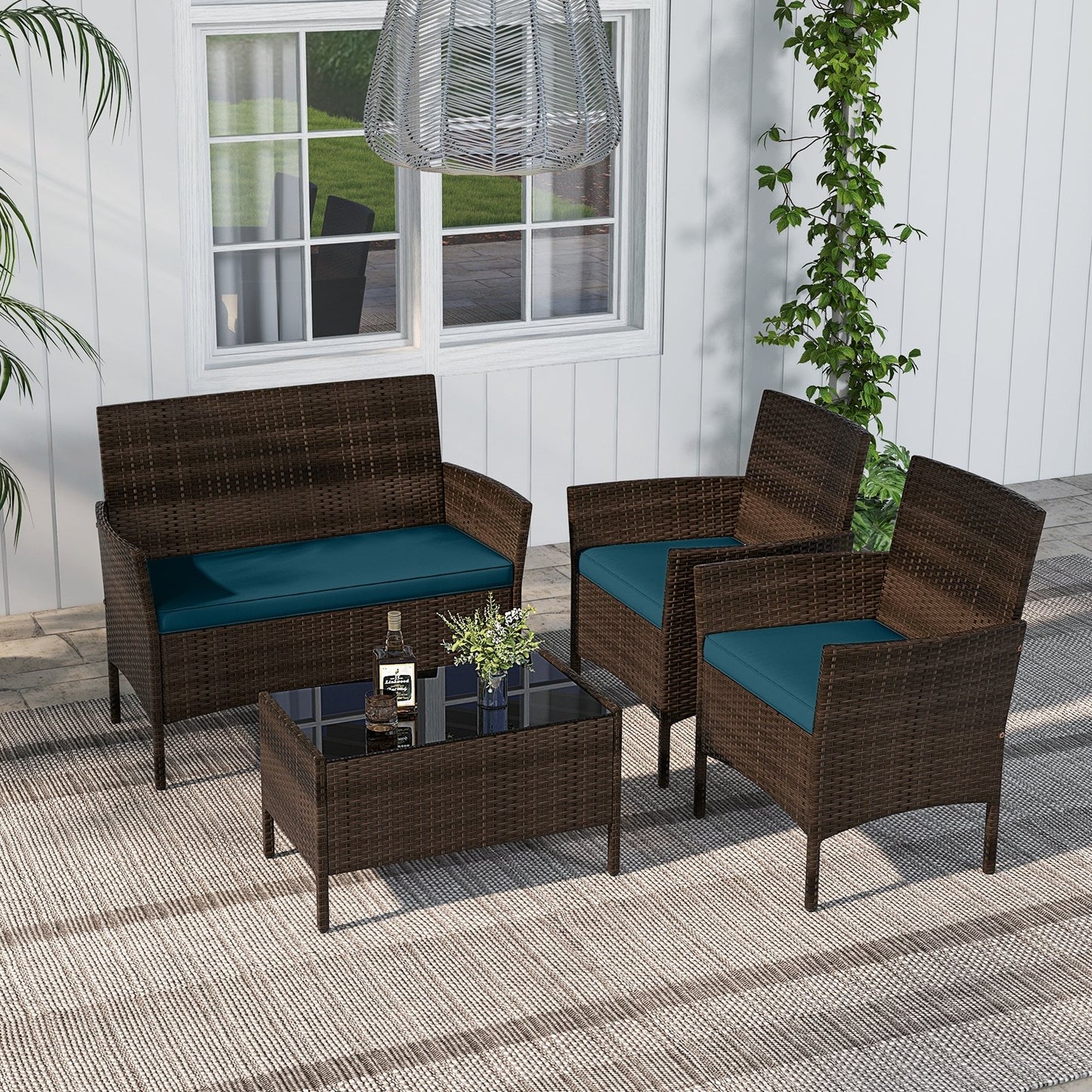 4 Piece Patio Rattan Conversation Set with Cozy Seat Cushions-Black
