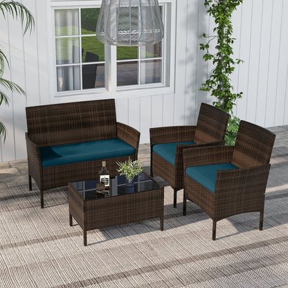 4 Piece Patio Rattan Conversation Set with Cozy Seat Cushions-Black