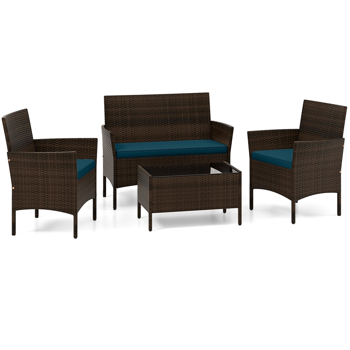 4 Piece Patio Rattan Conversation Set with Cozy Seat Cushions-Black