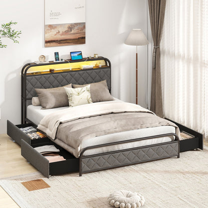 Twin/Full/Queen Size Bed Frame with LED Lights and Charging Station-Twin Size