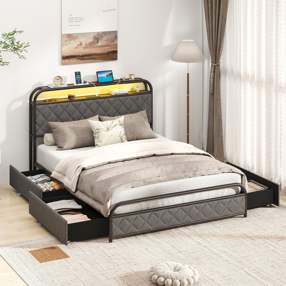 Full size bed frame with LED lights and charging station, featuring a simple design and sturdy construction.