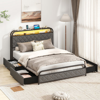 Full size bed frame with LED lights and charging station, featuring a simple design and sturdy construction.