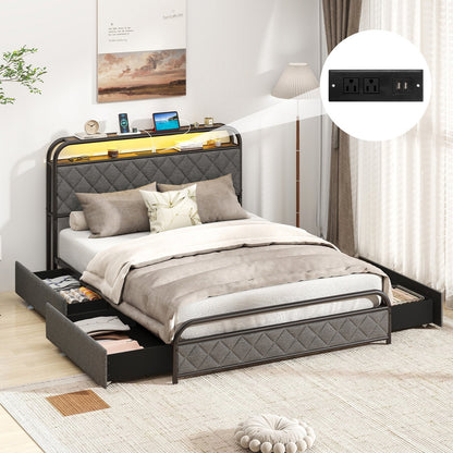 Twin/Full/Queen Size Bed Frame with LED Lights and Charging Station-Twin Size