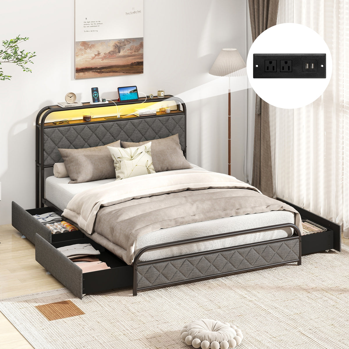 Full size bed frame with built-in LED lights and charging station, featuring a sleek, simple design for modern bedrooms.