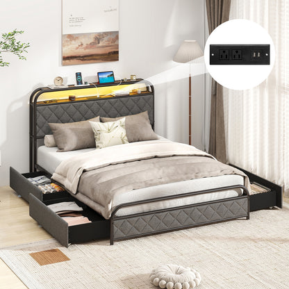 Full size bed frame with built-in LED lights and charging station, featuring a sleek, simple design for modern bedrooms.