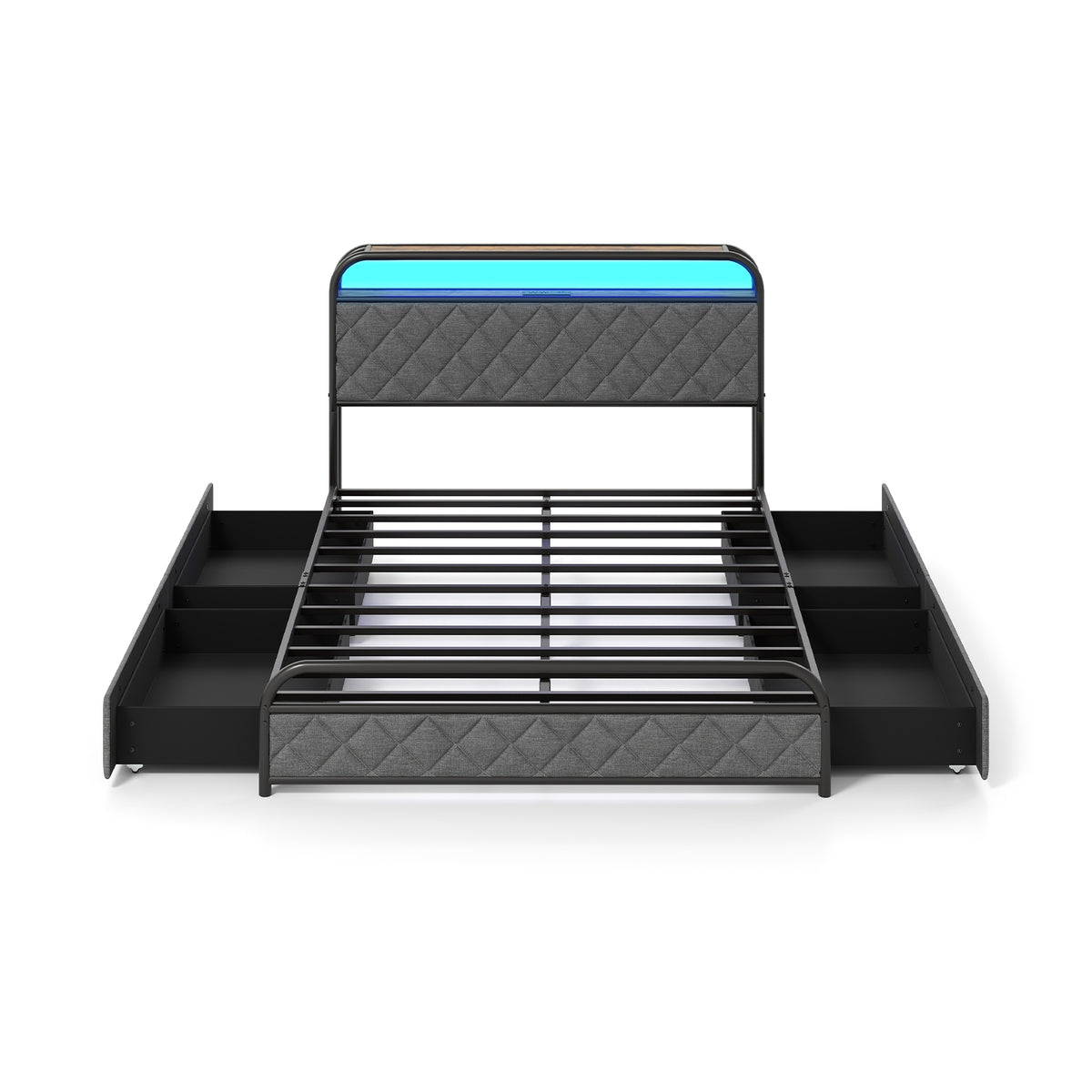 Full size bed frame with LED lights and charging station, modern wooden furniture for bedroom from Wilsons Home Store