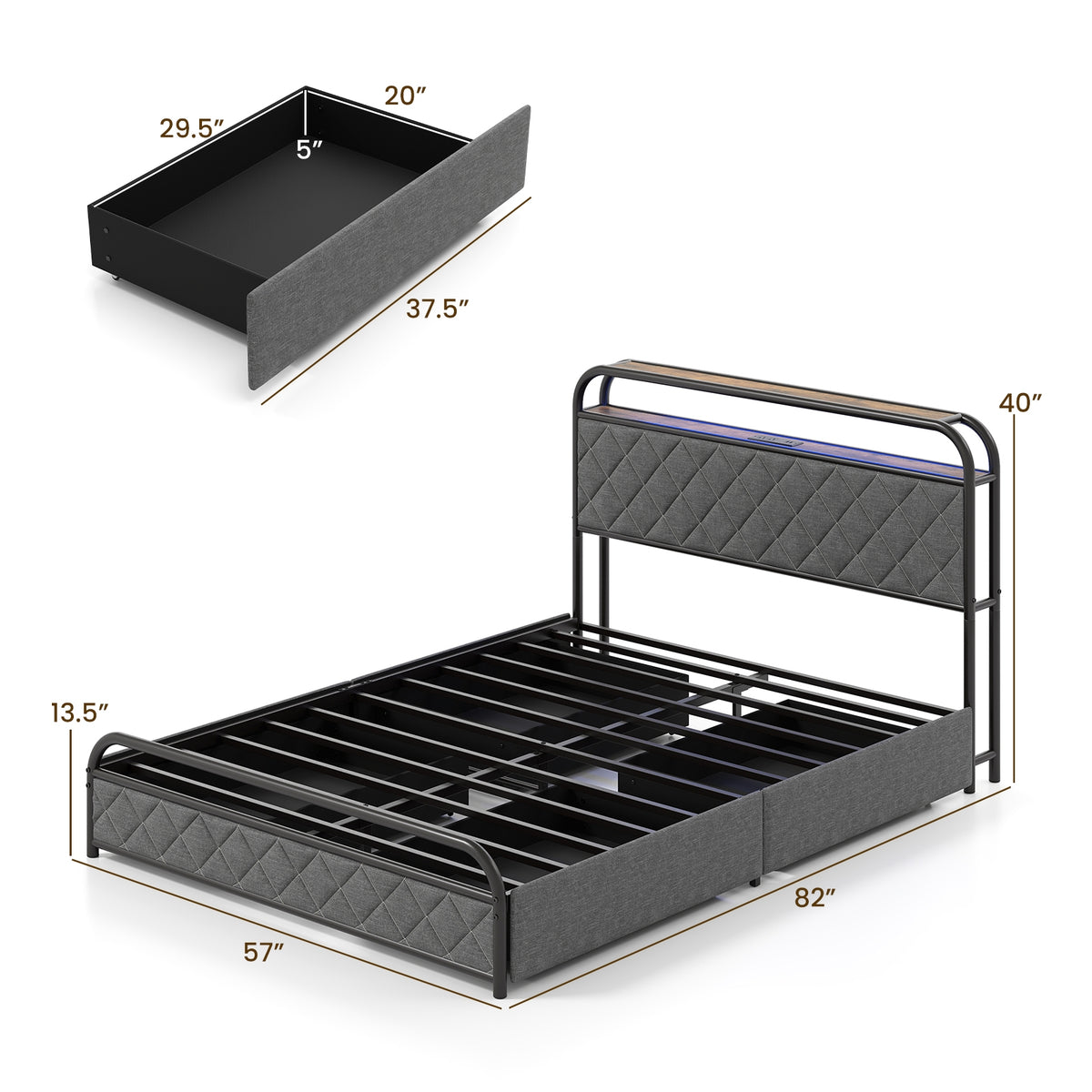 Full size bed frame with LED lights and built-in charging station, modern bedroom furniture by Wilsons Home Store