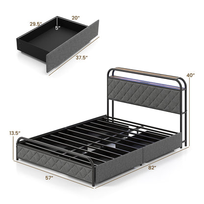 Full size bed frame with LED lights and built-in charging station, modern bedroom furniture by Wilsons Home Store